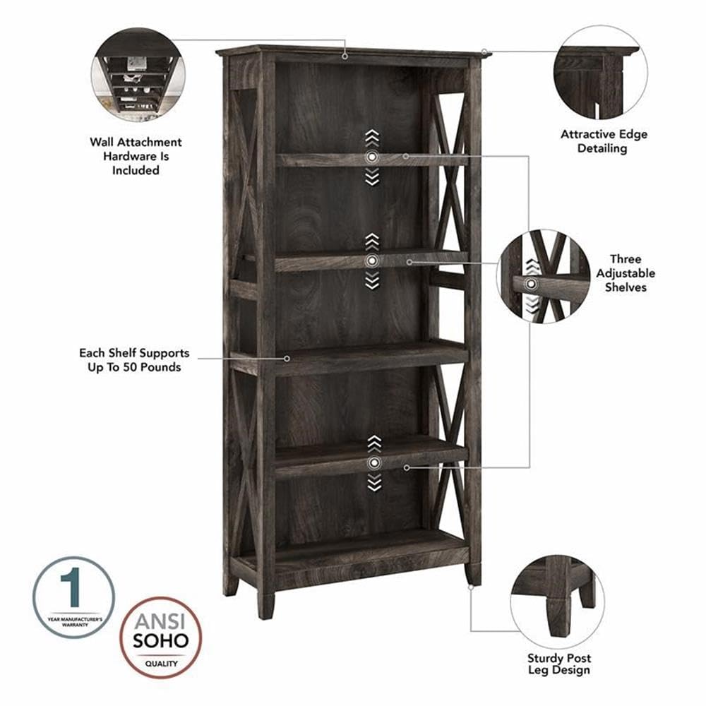 BOWERY HILL 5-Shelf Coastal Wood Tall Bookcase in Dark Gray - Perfect for Living Room, Bedroom, or Home Office Storage & Organization