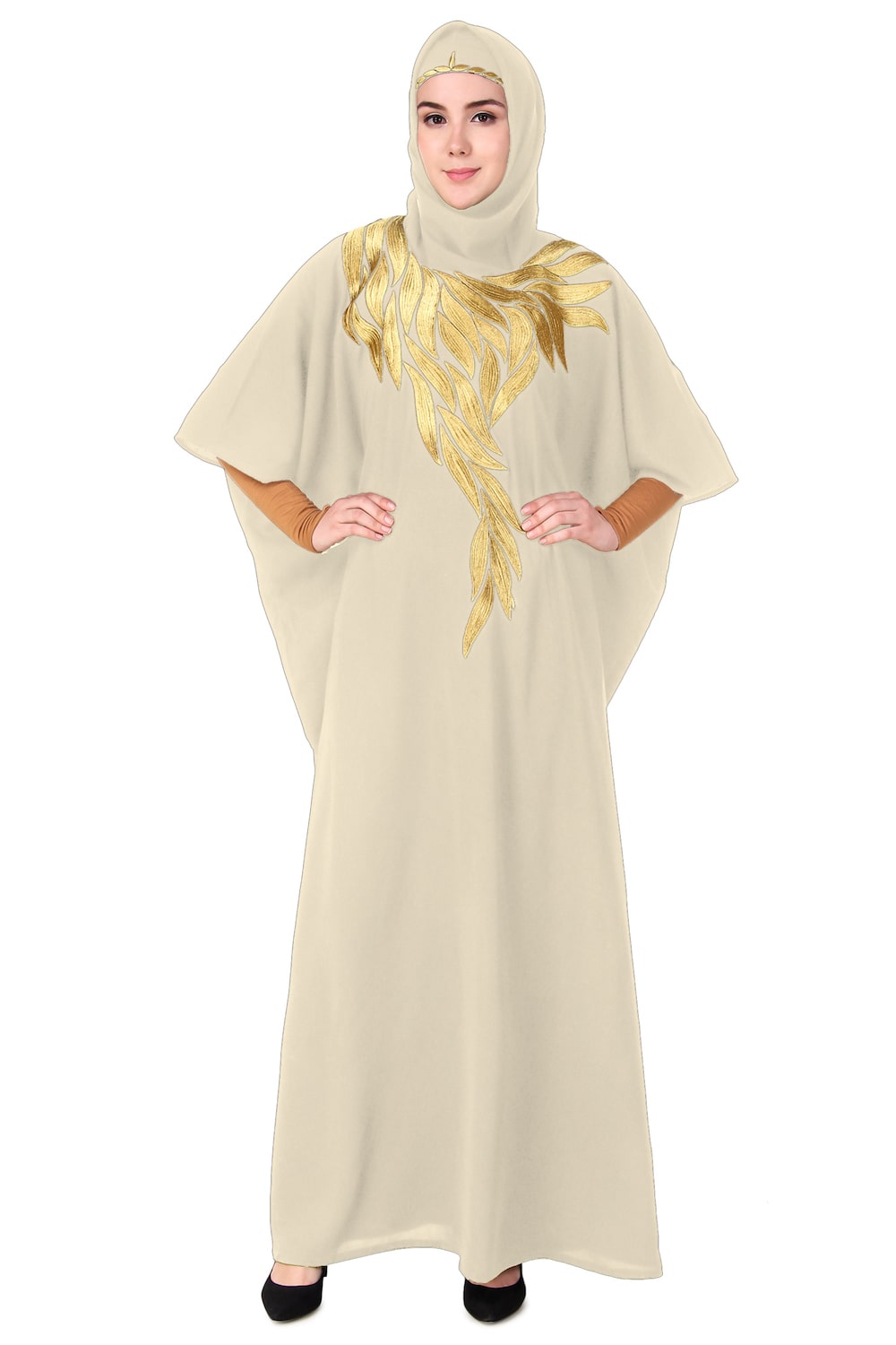 Handmade Gold Embroidered Multi-Leaf Design Kaftan Dress - Elegant Boho Chic Loungewear for Women, Perfect for Beach Cover-ups, Resort Wear & Summer Evenings