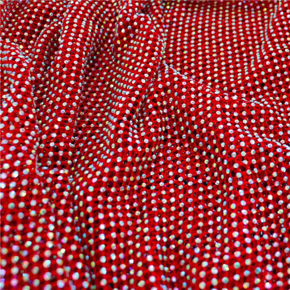 AJT 1 Yard Sexy Fishnet Fabric with Shiny AB Crystal Rhinestones - Soft Elastic Hollow Mesh Material for Women's Clothing, Costumes & DIY Crafts (Red, SS10/15091CM) - Perfect for Lingerie, Dancewear, Halloween Costumes & Fashion Accessories