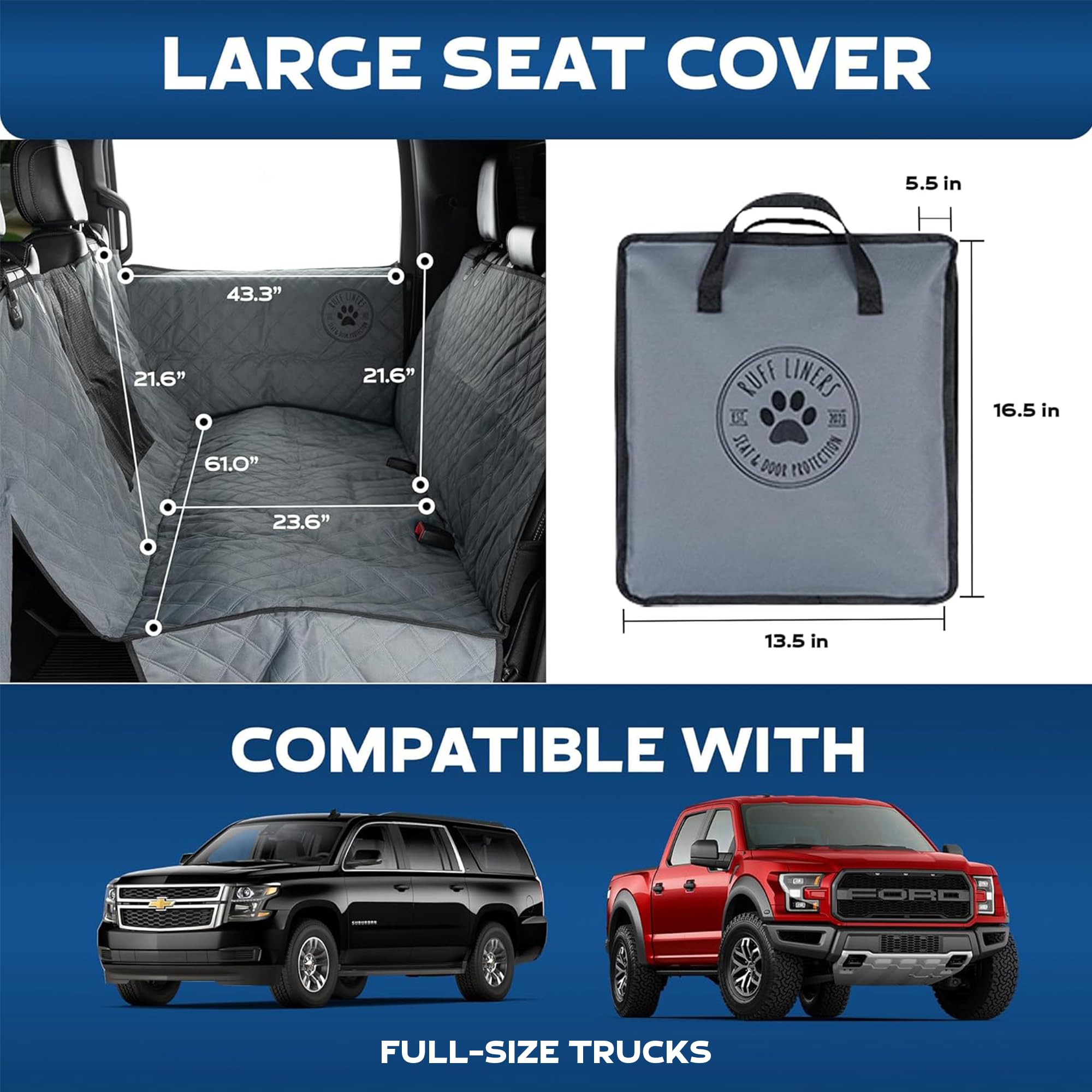 Dog Hammock for Truck with Door Protection - Heavy Duty Large Waterproof Pet Seat Cover for Full-Size Trucks - Machine Washable with Travel Bag - Perfect for Road Trips & Outdoor Adventures with Your Dog