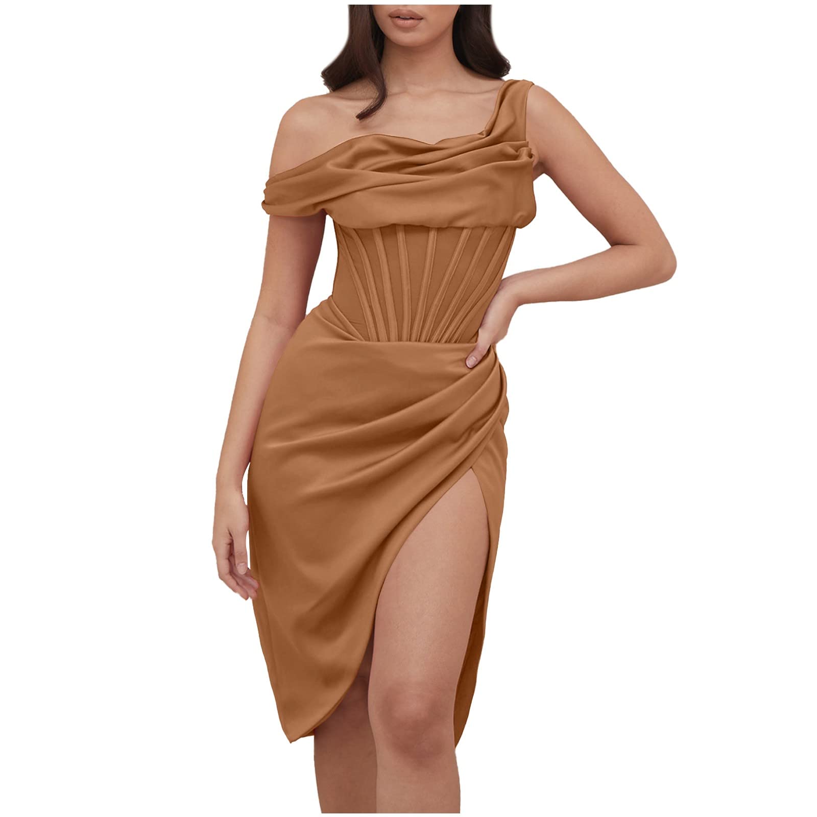 Elegant One-Shoulder Cocktail Dress for Women - Wedding Guest, Birthday Party & Club Wear - High Slit Midi Dress for Special Occasions