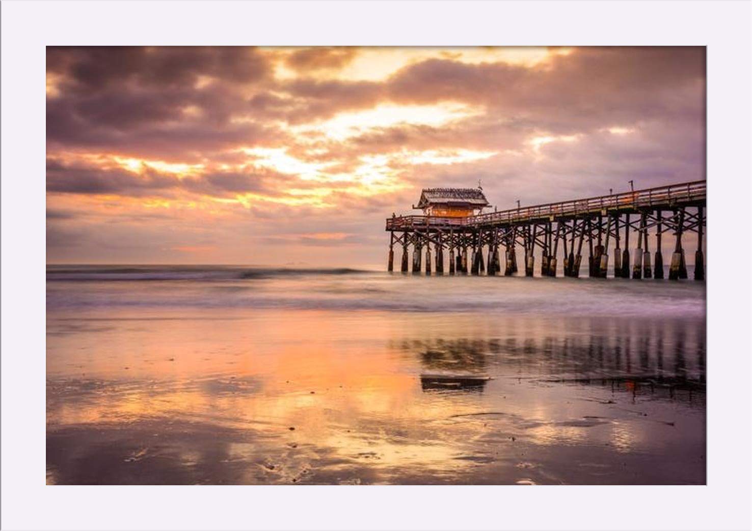 Florida Cocoa Beach Sunrise & Pier - 18x12 Giclee Art Print, White Wood Gallery Framed Wall Decor for Living Room, Bedroom, or Office