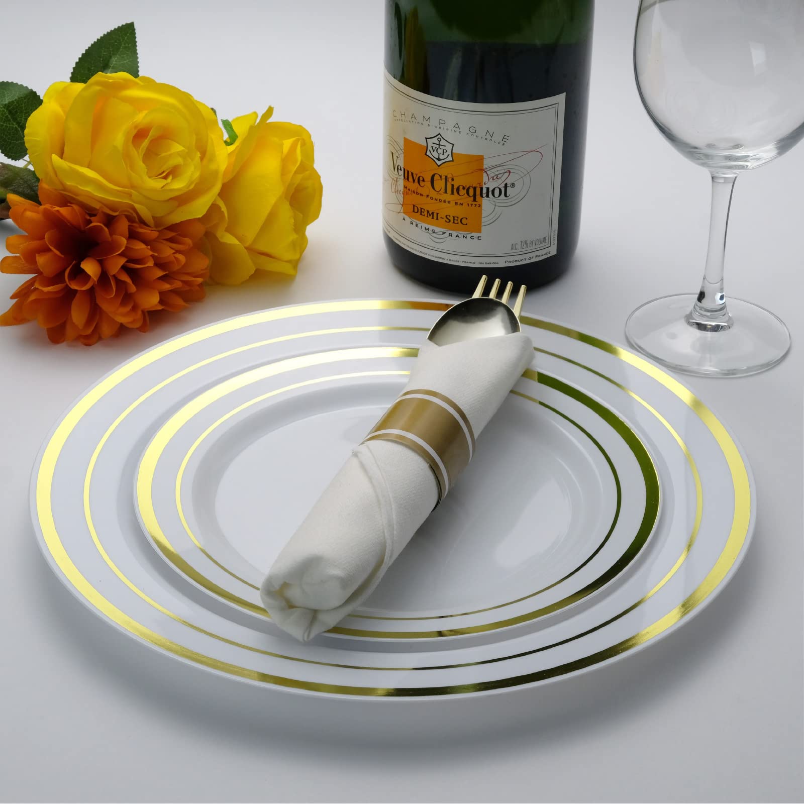 Premium Pre-Wrapped Cutlery Set - 25 Sets of Fork, Knife & Spoon with Napkins - Includes 25 Small & Large Gold Plates - Perfect for Weddings, Parties & Catering Events
