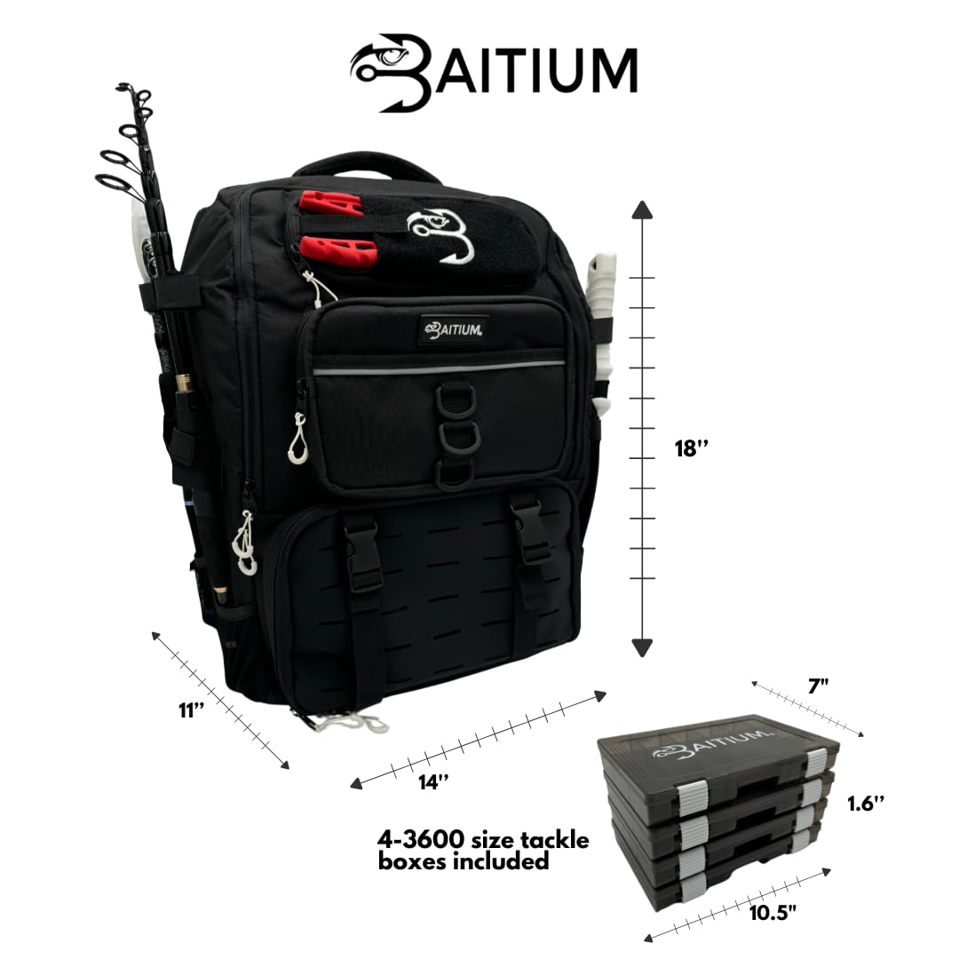 **Jet Black 40L Fishing Backpack with Rod Holders & Cooler – Waterproof Tackle Bag with Storage Trays – Perfect for Freshwater & Saltwater Fishing Trips**