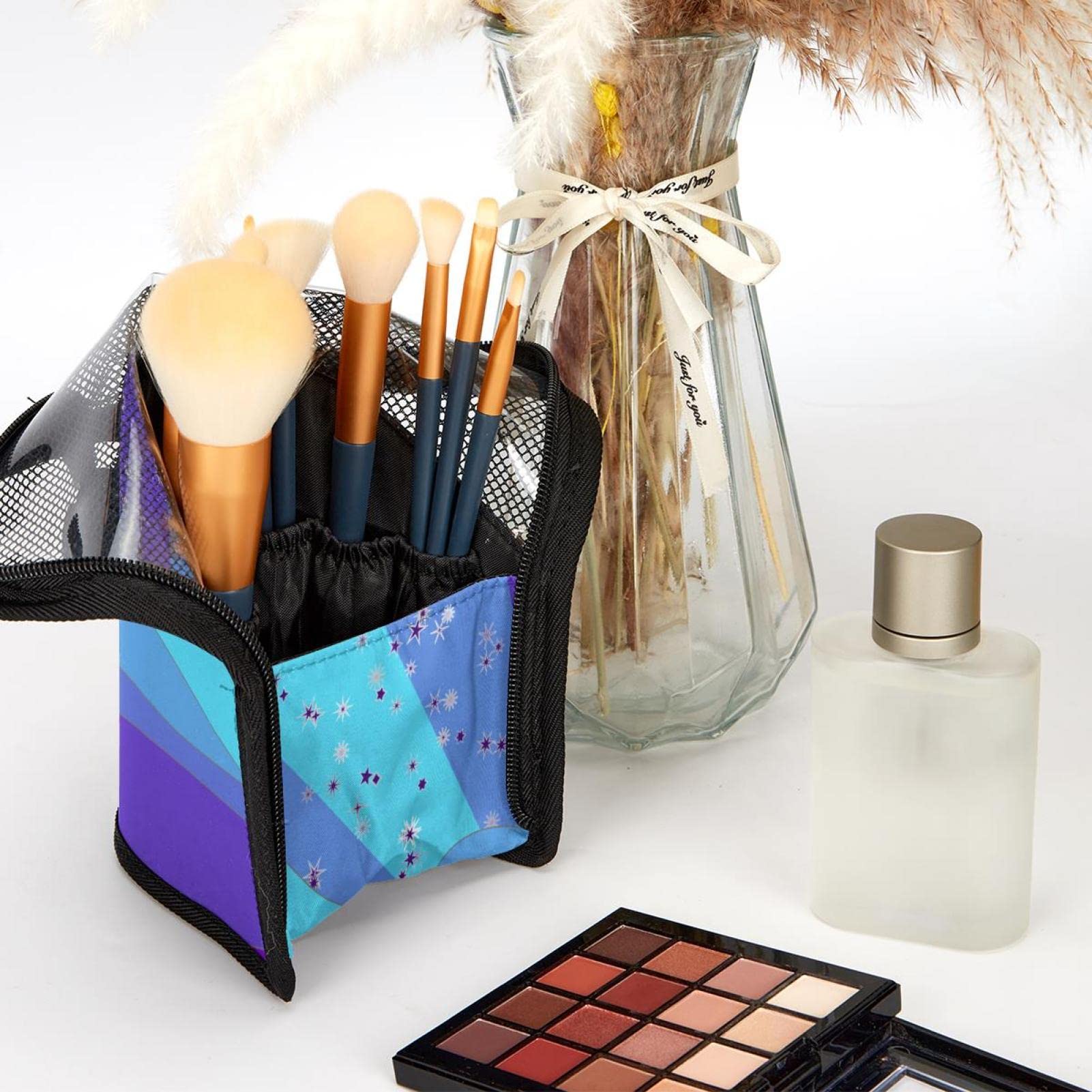 12-Piece Makeup Brush Organizer Bag with Starry Night Design - Portable Cosmetic Brush Holder Case for Travel & Home Storage (Purple Blue) - Perfect for Makeup Artists & Beauty Enthusiasts