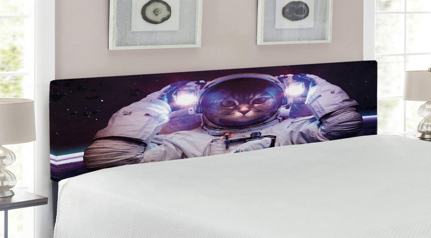Ambesonne Space Cat Headboard - Kitty in Cosmonaut Suit Galaxy Stars Supernova Design, Upholstered Decorative Metal Bed Frame with Memory Foam, King Size, Dark Blue Purple - Perfect for Kids' Bedroom, Space-Themed Nursery or Sci-Fi Decor