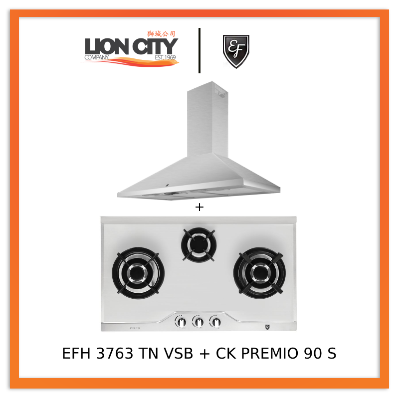 EF CK Premio 90 Stainless Steel Chimney Hood & EFH 3763 TN VSB 78cm Built-in Gas Hob - Premium Kitchen Ventilation & Cooking Combo for Modern Homes