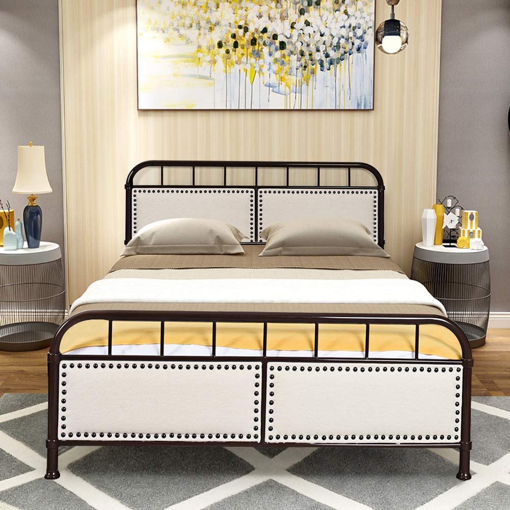 WATERJOY Queen Size Bed Frame - Sturdy Steel Platform Bed with Upholstered Headboard - Chocolate Brown - Perfect for Modern Bedrooms & Guest Rooms
