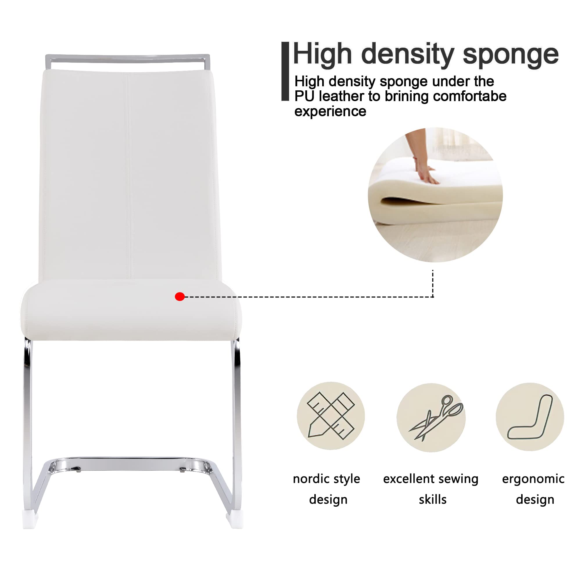 Modern Metal Dining Chairs Set of 2 - High Back Faux Leather Padded Seats with Sturdy Chrome Legs - White Kitchen & Dining Room Chairs for Home, Restaurant, or Office Use