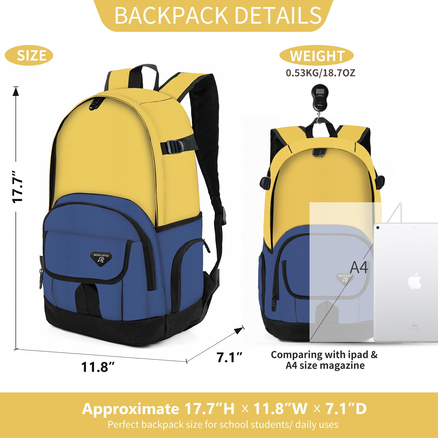 Rickyh Stylish Lightweight School Backpack for Men & Women - Durable College Travel Bag with Laptop Compartment - Perfect for School, Work, Travel & Daily Commute