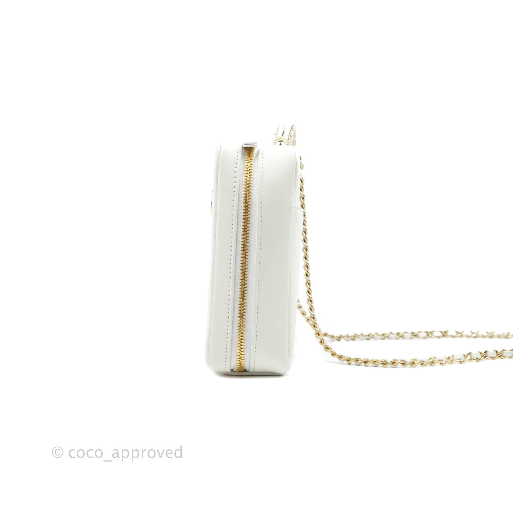 Chanel White Calfskin Circular Handle Zip Around Vanity Case with Gold Hardware - Perfect for Travel, Parties & Everyday Luxury (20S Collection)