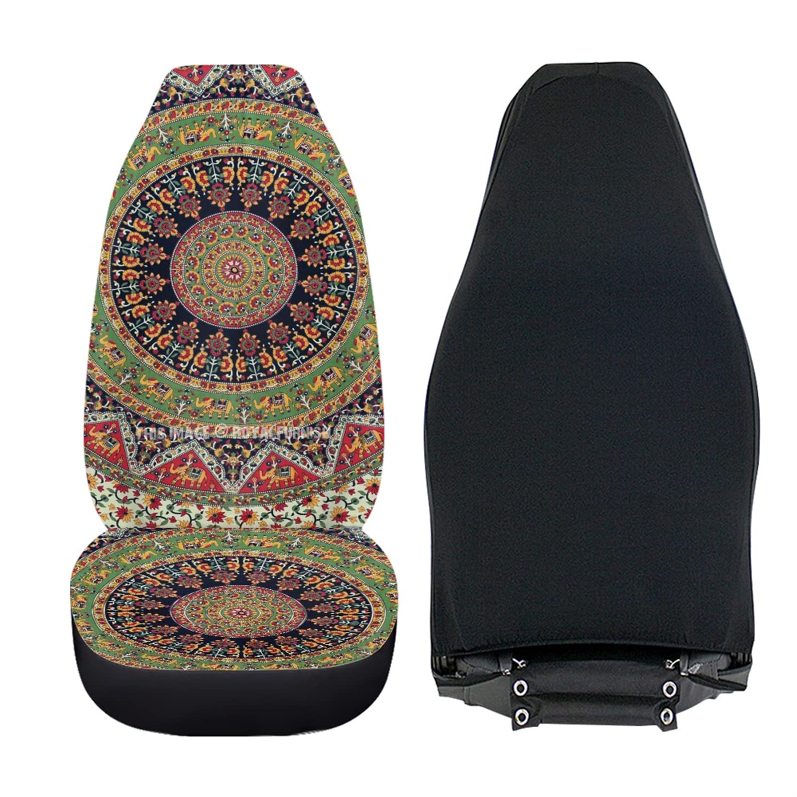 INSTANTARTS 2-Pack Boho Mandala Elephant Print Car Seat Covers - Universal High Back Bucket Seat Protectors for Front Seats Only | Durable Auto Interior Accessories for Cars, SUVs & Trucks | Perfect for Road Trips, Daily Commute & Family Travel