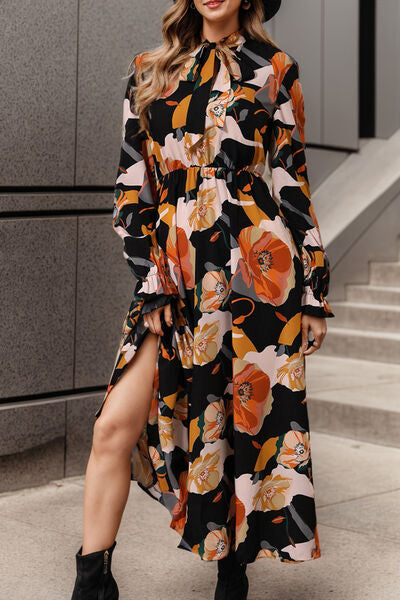 Elegant Printed Tie Neck Flounce Sleeve Dress for Women | Summer Floral Party Cocktail Dress | Perfect for Weddings, Date Nights & Special Occasions