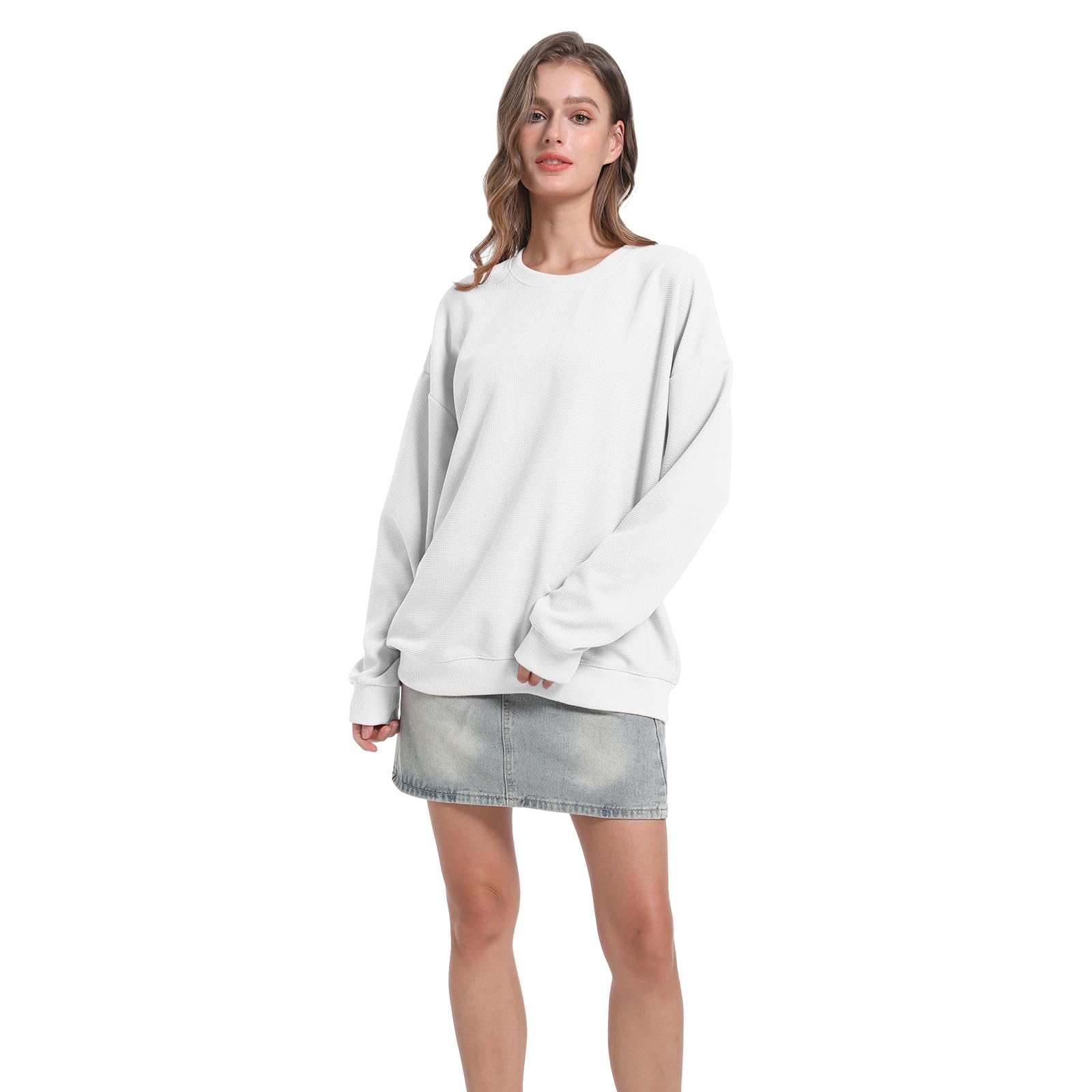 Women's Waffle Knit Pullover Sweatshirt - Crew Neck Long Sleeve Loose Fit Casual Top - Soft Lightweight Comfortable (S-XXL) for Fall Layering, Lounge Wear & Everyday Outfits