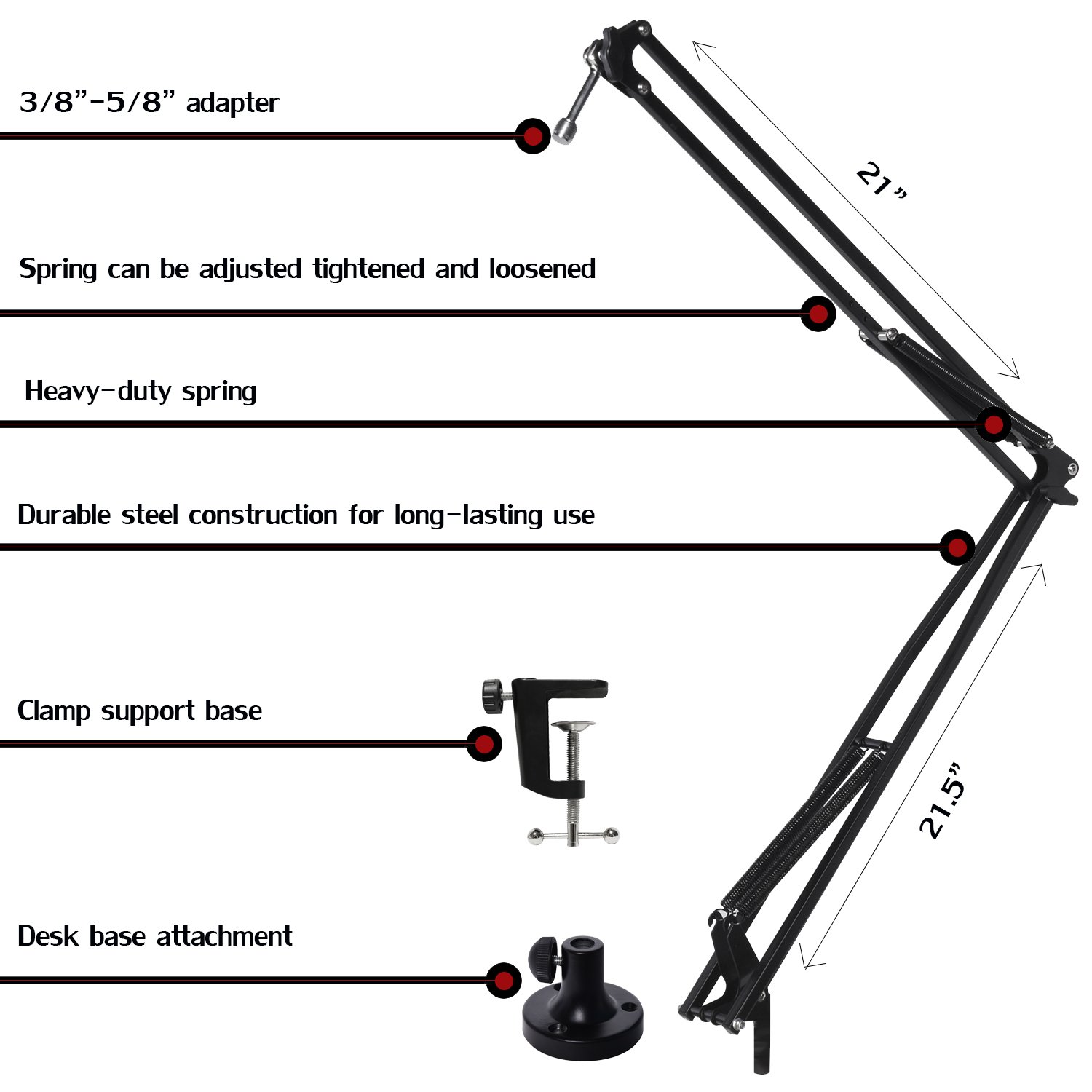 LyxPro DKR-1 Adjustable Microphone Boom Arm Stand with Swivel Mount & Desk Clamp - Compatible with Blue Yeti, Snowball & Other Studio Mics (Black) - Perfect for Podcasting, Streaming & Home Recording Studios