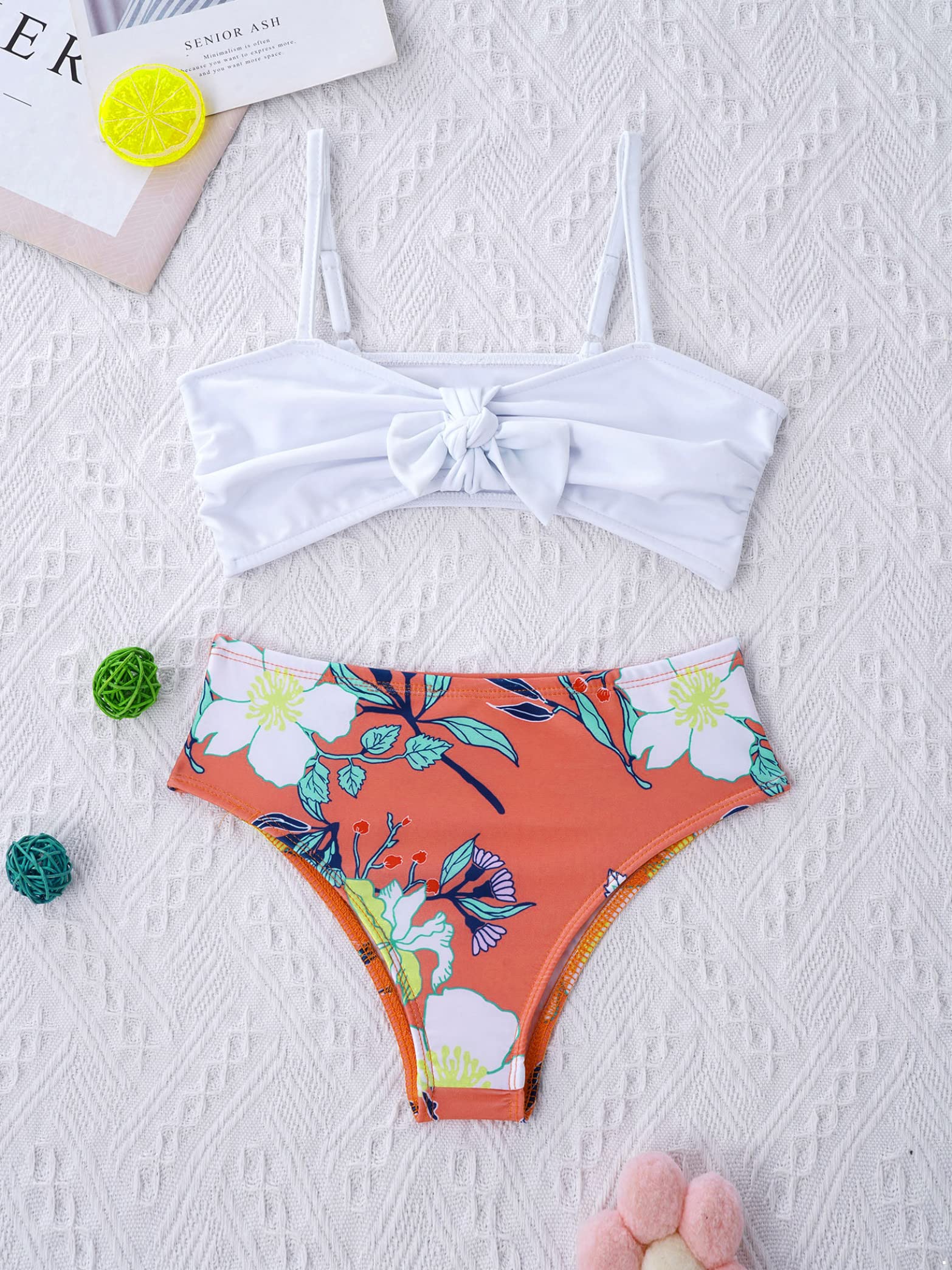 Girls 3-Piece Floral Print Tankini Swimsuits with Boyshorts - Orange Bikini Bathing Suit for 8 Year Olds | Beach, Pool & Summer Water Activities