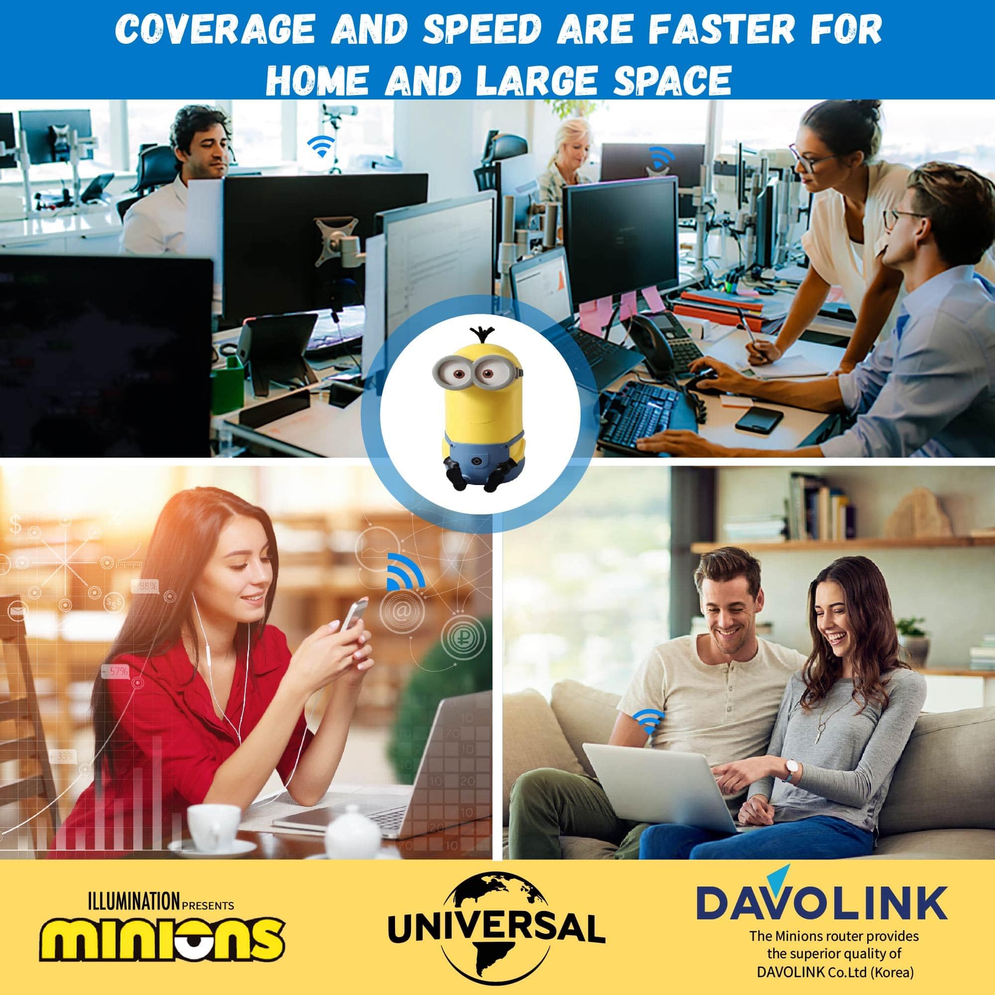 Davolink Minions Kevin Wi-Fi 6E Gaming Router - Ultra-Fast 5400Mbps Tri-Band Wireless Internet for 4K Streaming & Lag-Free Gaming - Secure Travel WiFi Hotspot for Hotels, Remote Work & Smart Homes (2024 Model)