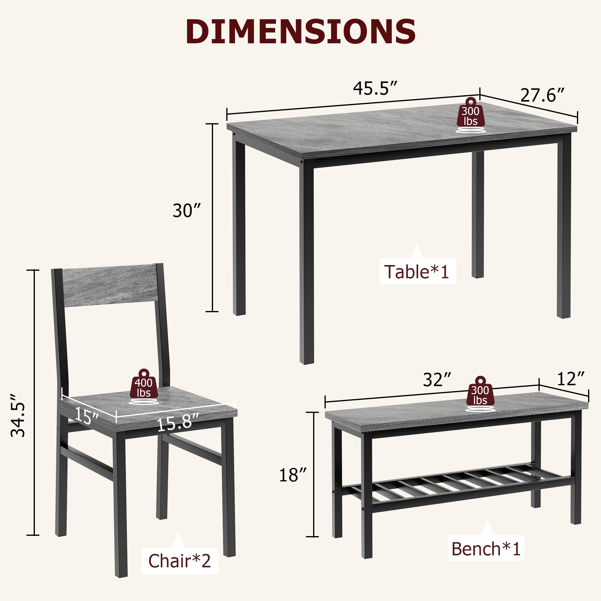IDEALHOUSE 4-Piece Dining Table Set with 2 Chairs & Storage Bench - Space-Saving Kitchen Table for Small Apartments, Breakfast Nook & Compact Homes (Gray) | Perfect for Family Meals, Entertaining Guests & Cozy Dining Spaces