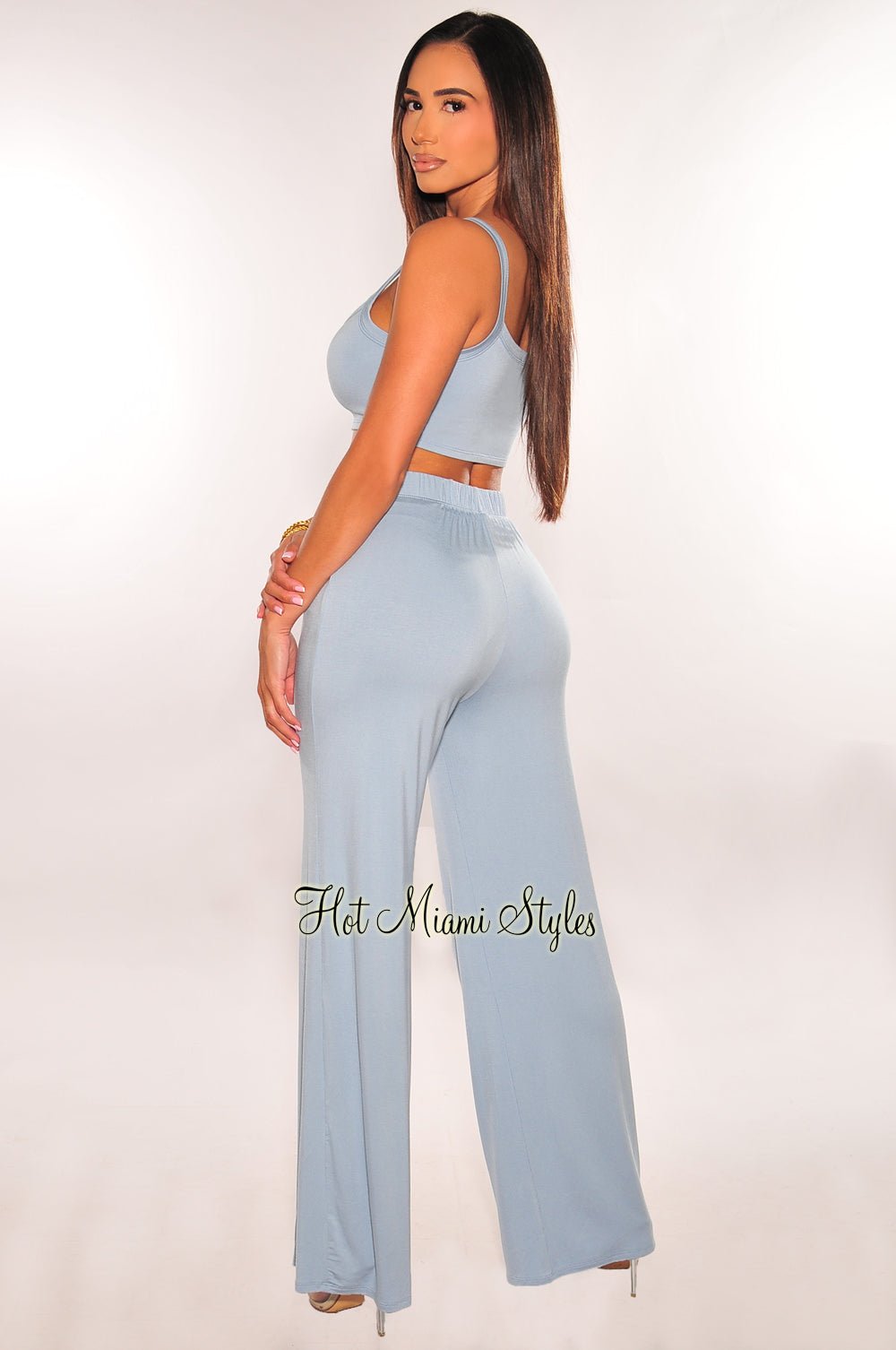 Stylish Dusty Blue Palazzo Pants & Tank Top Set - Women's Casual Summer Outfit for Beach, Vacation & Lounge Wear