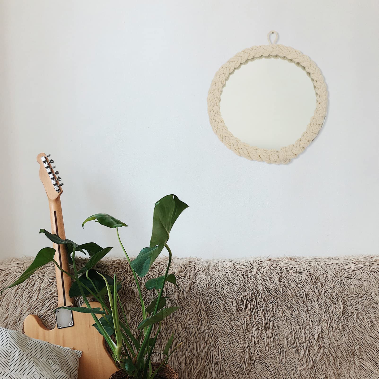 FOMIYES Decorative Wall Hanging Mirror with Glass Pendant and White Cotton Rope - Boho Chic Home Decor for Bedroom, Living Room, Entryway