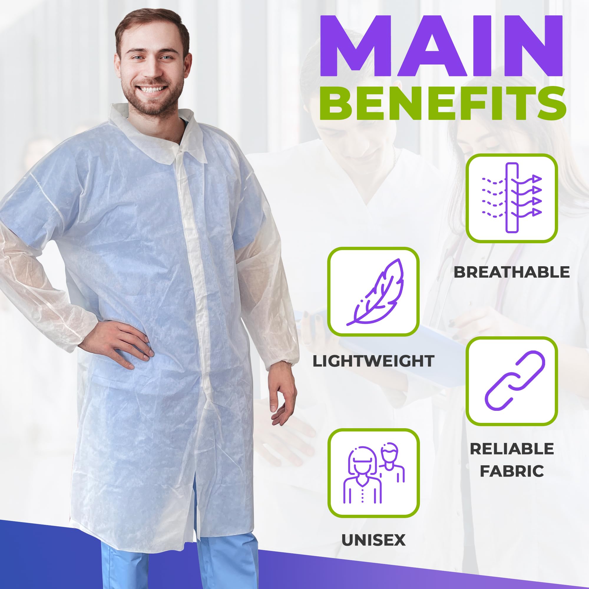 AMZ Medical Supply White Disposable Lab Coat - 30 Pack, 35 GSM Polypropylene Fabric PPE Coat for Adults | Knee-Length Design with Elastic Wrists & Loop Fasteners | Ideal for Medical Professionals, Laboratories, Cleanrooms & Healthcare Settings