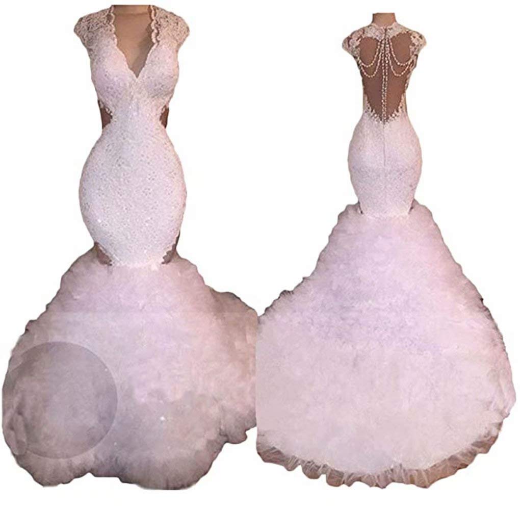 Elegant Mermaid Wedding Dresses for Bride - Long Lace Beaded V-Neck Bridal Gowns for Women | Perfect for Beach, Church, and Formal Wedding Ceremonies