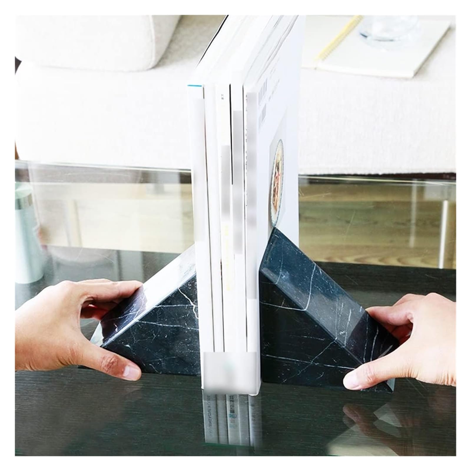 Black Marble Geometric Bookends for Office & Home - Heavy Duty Book Holder for Shelves, Desks & Learning Spaces - Stylish Decorative Book Supports for Bookshelves & Workspaces