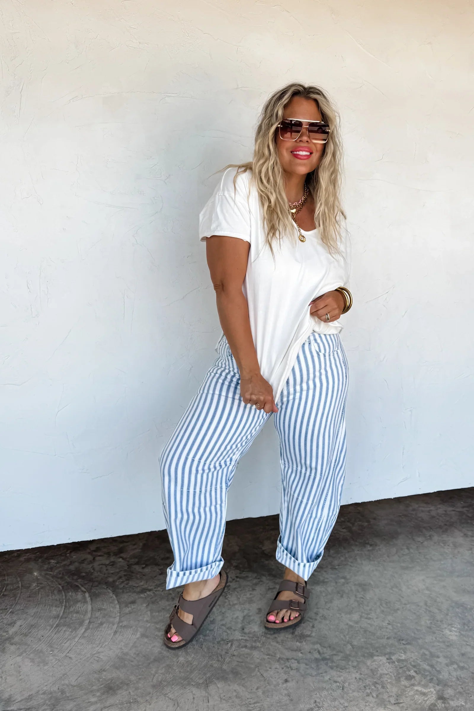 PREORDER: Beachy Stripe Barrel Jeans - Women's High Waisted Distressed Denim Pants for Summer Vacations & Casual Outings