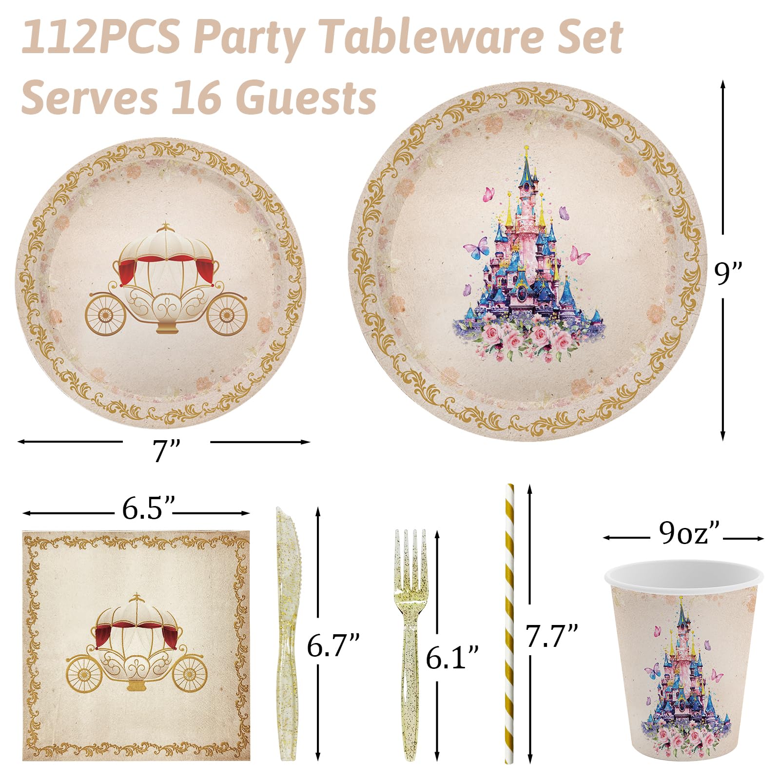 112 PCS Princess Party Plates & Tableware Set - Once Upon a Time Castle Theme Birthday Decorations with Purple Floral Napkins - Perfect for Girl's Baby Shower, Birthday Party & Princess Themed Events - Serves 16 Guests