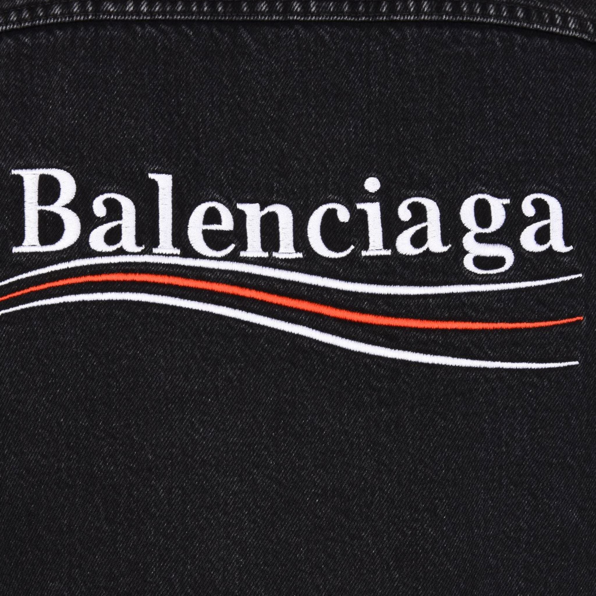 Balenciaga Political Logo Denim Jacket for Men & Women | Vintage Distressed Denim Coat | Streetwear Fashion for Urban Outfits & Night Out Looks