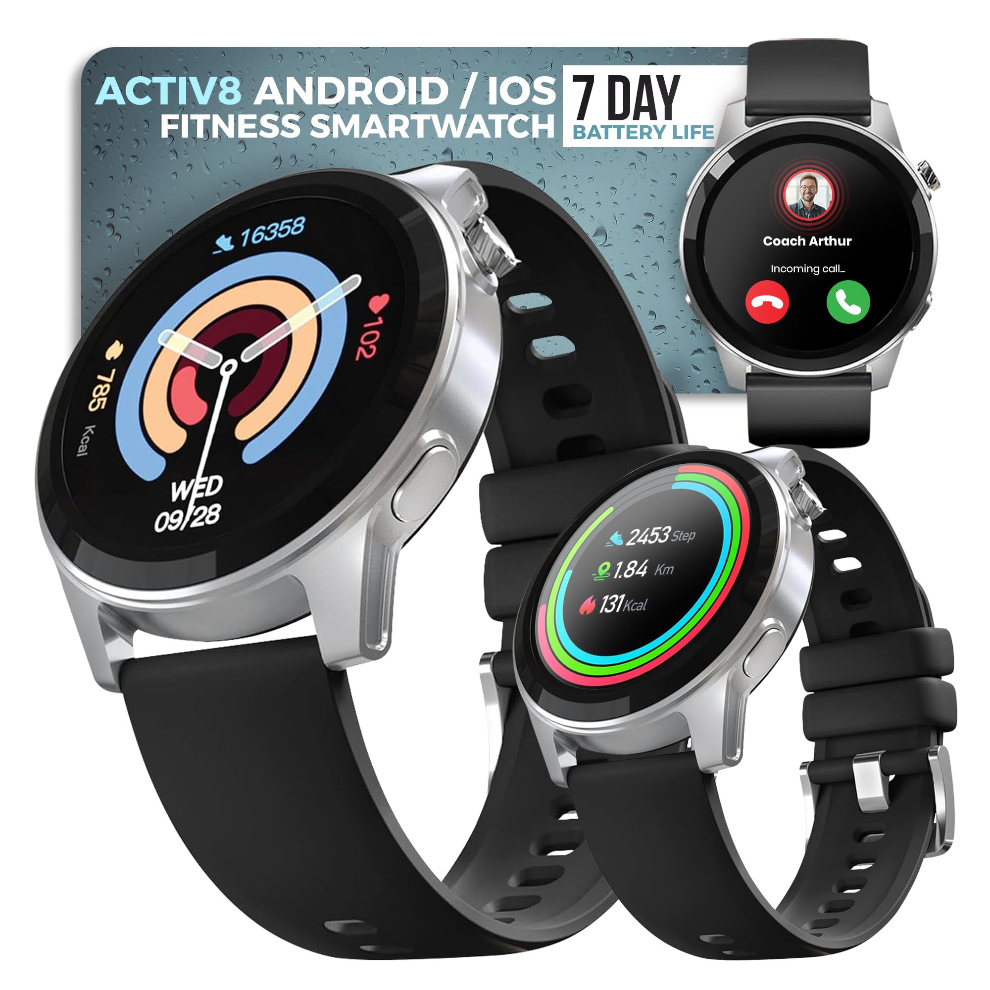 HyperGear Activ8 Smartwatch - Fitness Tracker with 120+ Exercise Modes, SpO2 & Heart Rate Monitor, Step Counter, iOS/Android Compatible, 7-Day Battery Life - Perfect for Running, Gym Workouts & Daily Activity Tracking