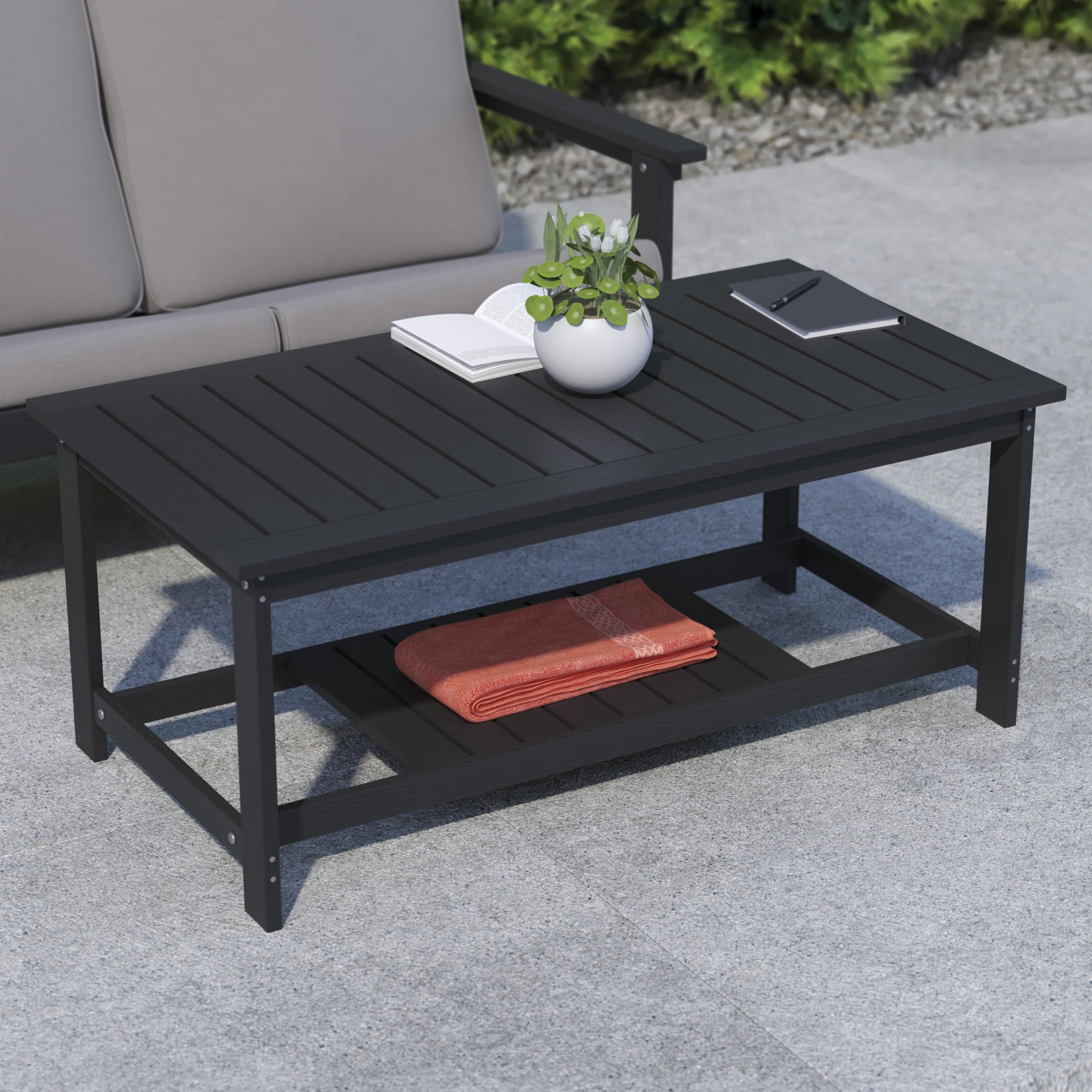 Two-Tiered Commercial Grade Adirondack Coffee Table - Durable Black Poly Resin Wood - All-Weather Outdoor Furniture - Slatted Shelf Design - Perfect for Patio, Deck, Garden, and Poolside Relaxation
