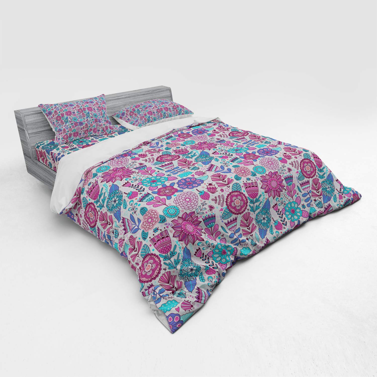 Ambesonne Garden Bedding Set - 4 Piece Duvet Cover with Shams & Fitted Sheet, King Size, Violet Blue Sky Blue | Botanical Print with Peonies, Tulips, Berries & Bugs | Perfect for Spring Bedroom Decor, Guest Room Makeover & Cozy Farmhouse Style
