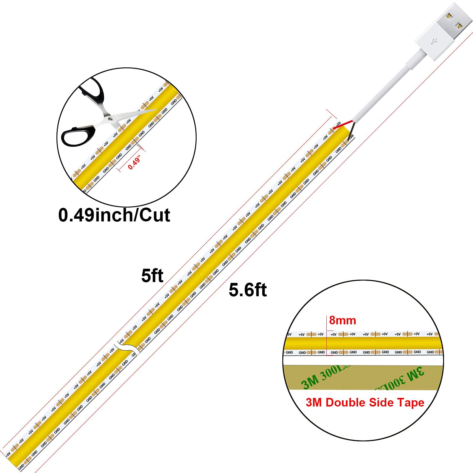 Warm White USB LED Strip Lights 5V 5ft - 3000K COB Tape for TV Backlight, Bedroom