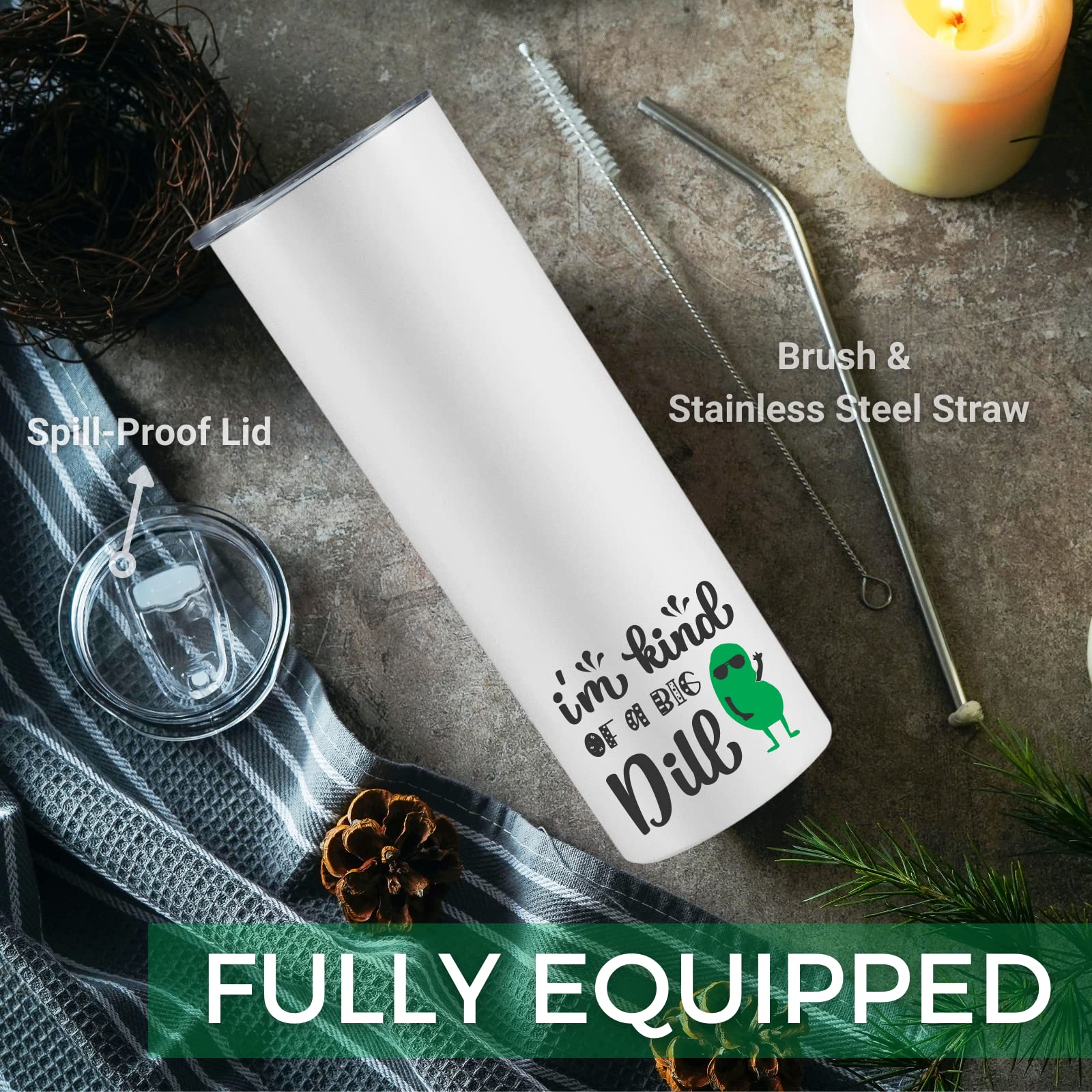 Onebttl 20 oz Skinny Travel Tumbler with Lid & Straw - 'I AM KIND OF A BIG DILL' Pickle-Themed Gift for Women & Men | Christmas, Birthday Gifts | Includes Gift Box | Perfect for Office, Gym & Travel