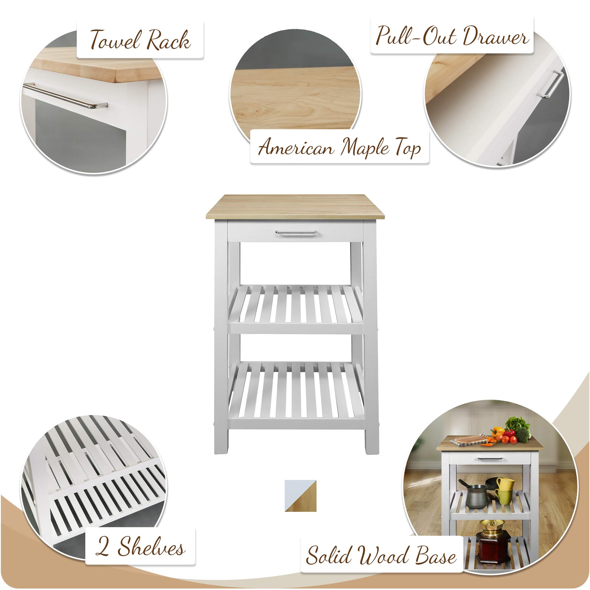 American Trails Sunrise Kitchen Island with Natural Maple Top & White Base - Perfect for Farmhouse, Rustic & Modern Kitchens - Ideal for Extra Storage & Counter Space