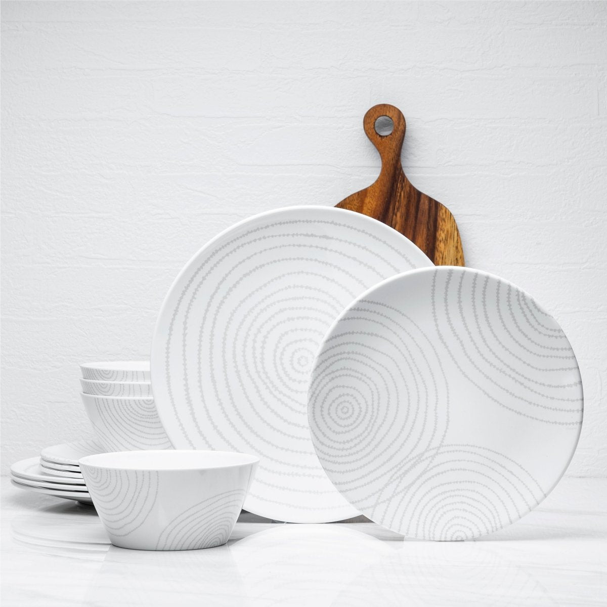 12-Piece White Melamine Dinnerware Set - Durable Planet-Themed Plates & Bowls for Outdoor Picnics, Camping, and Everyday Use