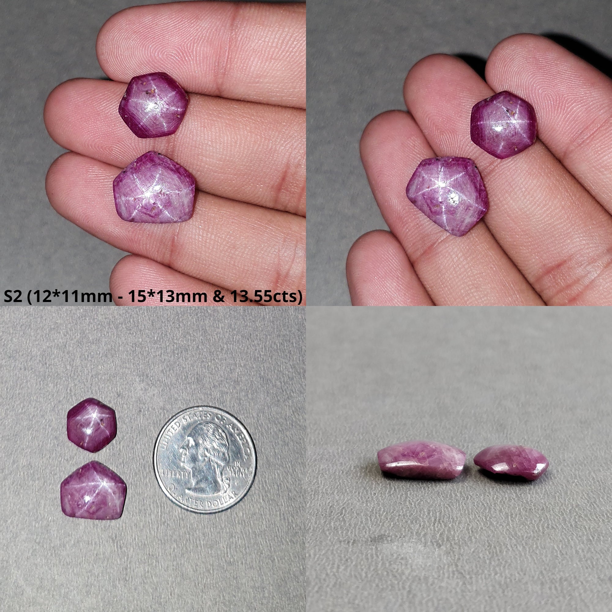 Natural Untreated 6-Ray Star Ruby Cabochon Gemstone - 12cts & 15cts Hexagon Uneven Shape (2-Piece Set) | Perfect for Jewelry Making, Healing Crystals & Collector's Display