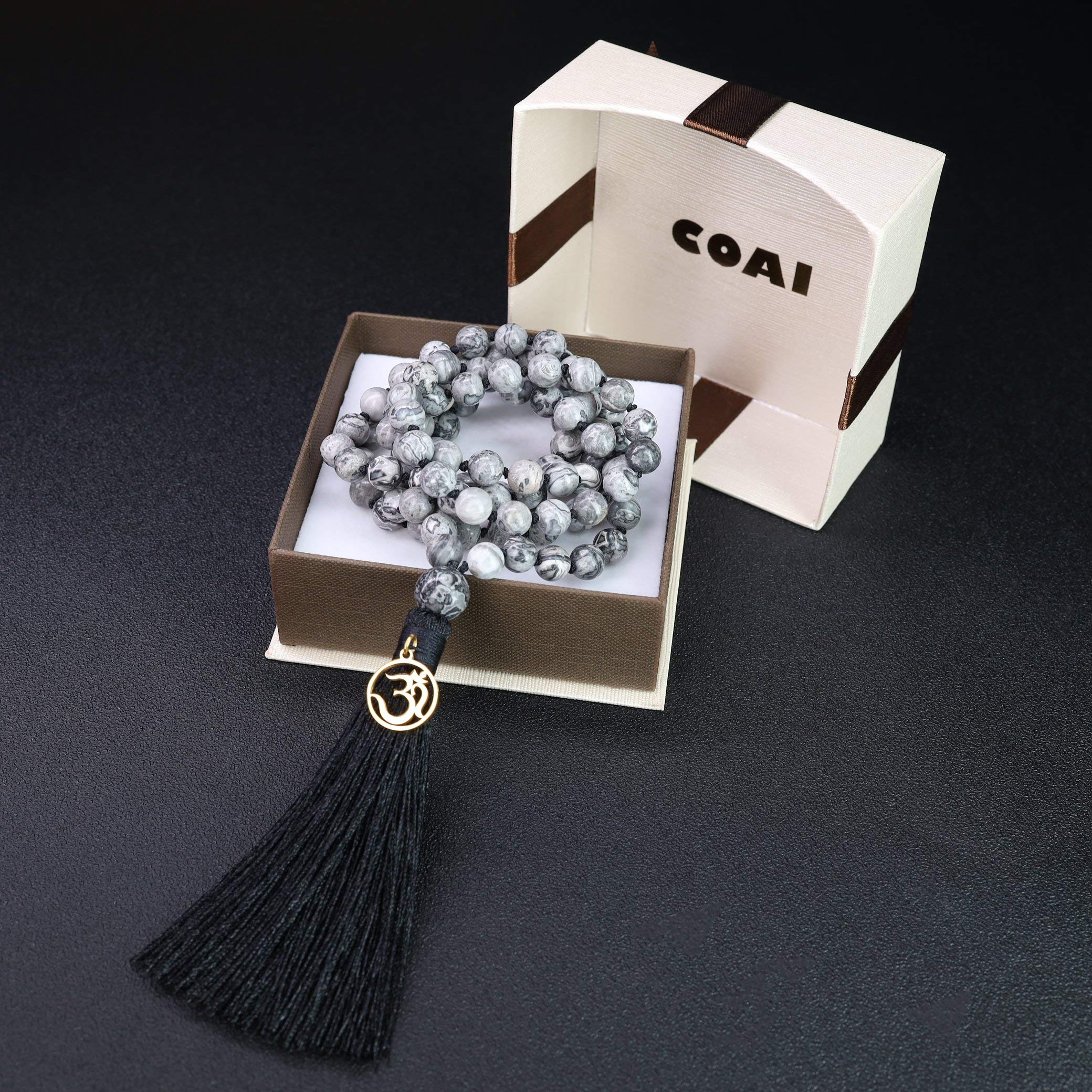 COAI OM Charm Hand Knotted Tassel 108 Mala Beads Necklace - Buddhist Meditation Prayer Beads for Yoga, Mindfulness & Spiritual Practice