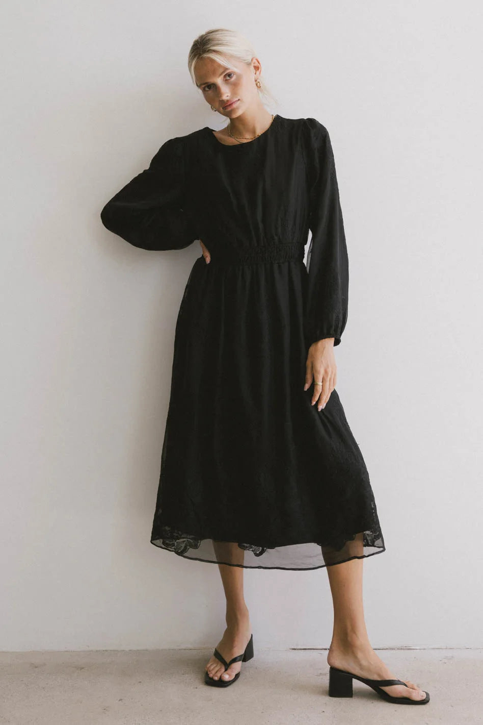 Stylish Andee Embroidered Midi Dress in Black - Perfect for Casual Outings, Date Nights & Special Occasions