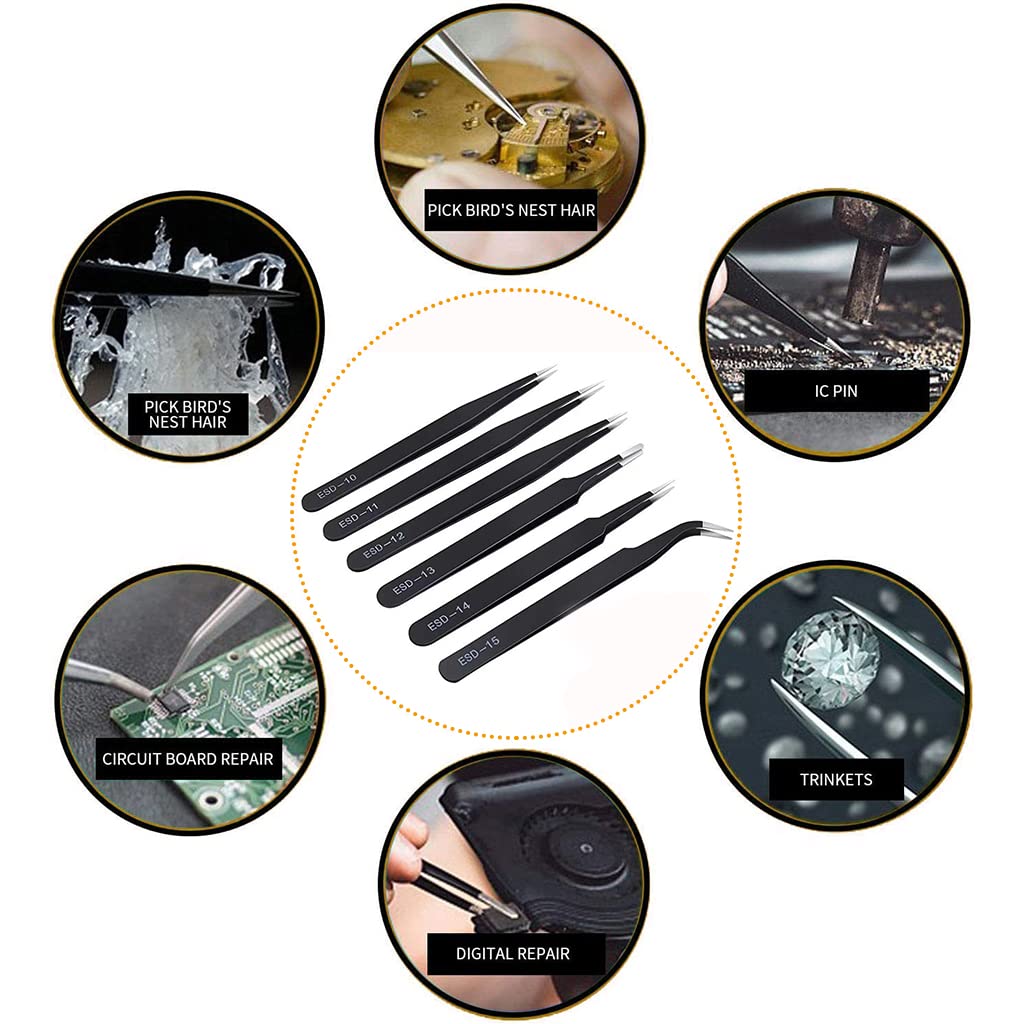 HASTHIP® 6-Piece Anti-Static ESD Tweezers Set for Electronics Repair, Jewelry Making & DIY Crafts - Precision Stainless Steel Tweezers for Watch Repair, PCB Work, Cloisonne Art & Small Parts Handling