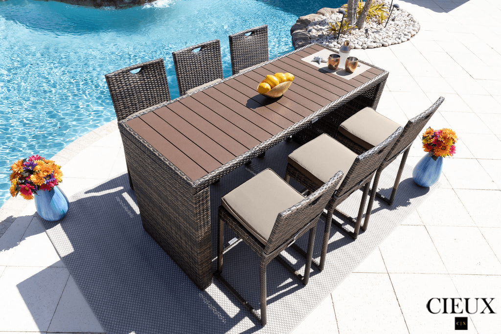 Brown Valence Outdoor Patio Wicker Bar Table and 6 Chairs Set with Sunbrella Canvas Taupe Cushions - Perfect for Backyard, Poolside, and Garden Entertaining