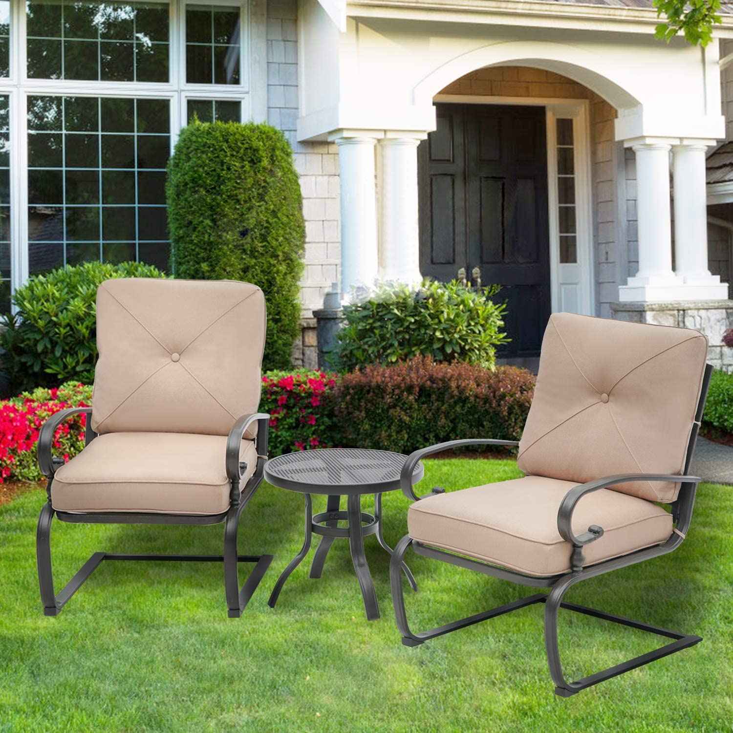 SUNCROWN 3-Piece Outdoor Patio Bistro Set with Spring Motion Chairs & Round Cafe Table - Steel Frame Conversation Furniture with Cushions (Brown) - Perfect for Garden, Balcony, and Backyard Relaxation