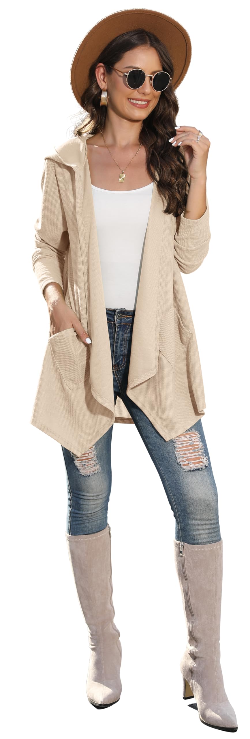 VIISHOW Women's Lightweight Casual Hoodie Cardigan - Open Front Waffle Knit Long Sleeve Coat with Pockets | Perfect for Layering, Lounge Wear & Outdoor Activities