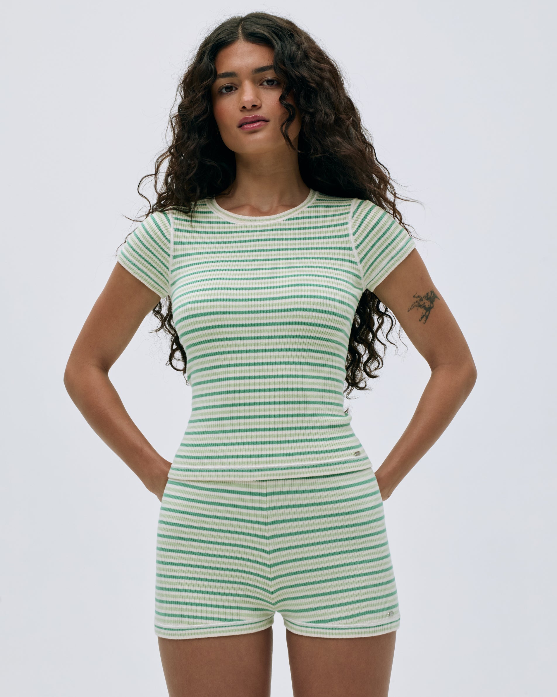 Rib Knit Stripe Short Sleeve T-Shirt for Women - Soft Stretch Casual Top in Jade Green | Perfect for Summer Outfits, Beach Wear & Everyday Comfort