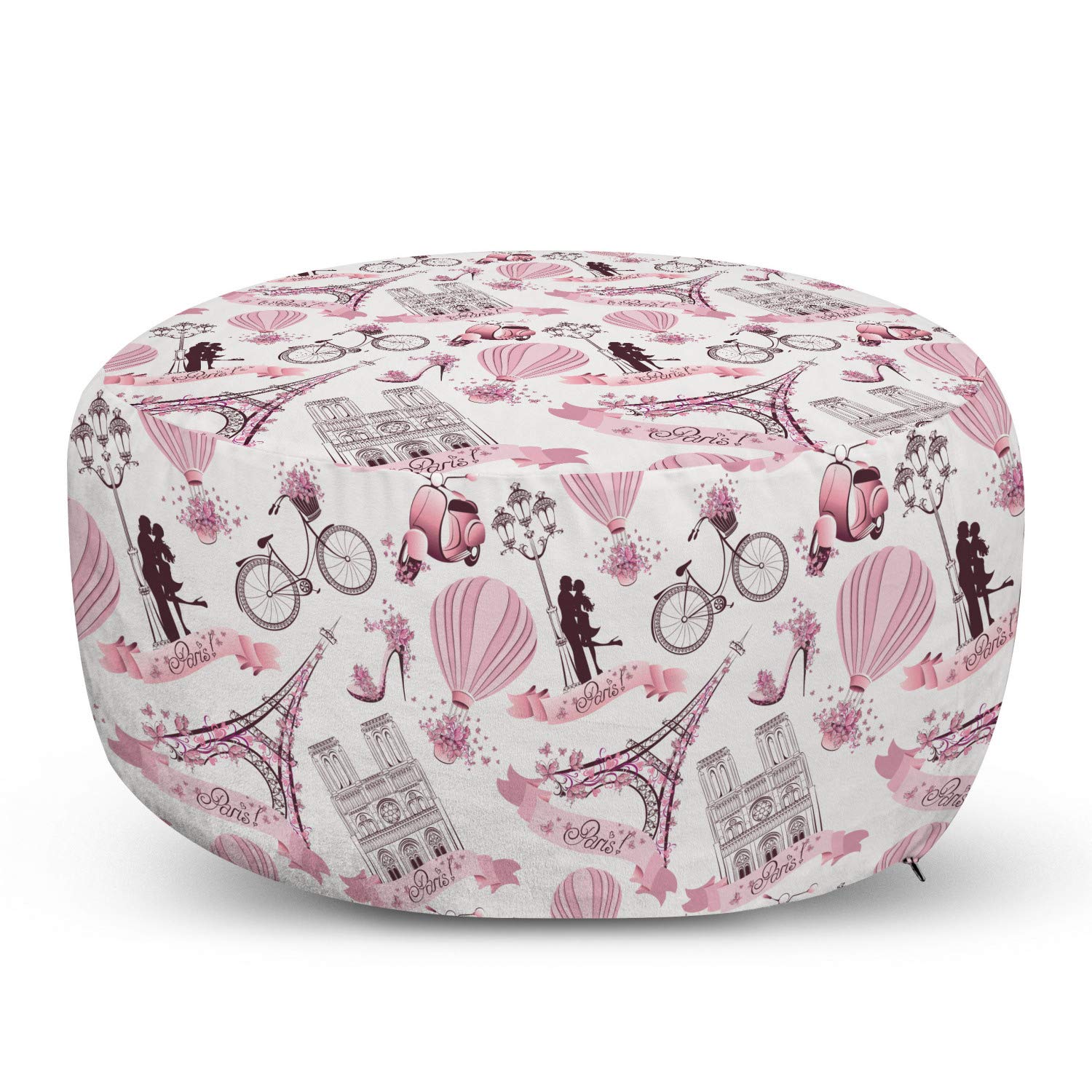 Ambesonne Paris Themed Ottoman Pouf - Eiffel Tower, Honeymoon Flowers & Hot Air Balloon Design, Soft Foot Rest with Removable Cover for Living Room & Bedroom Decor, Pale Pink & White | Perfect for Home Decor, Cozy Seating & Gift Ideas