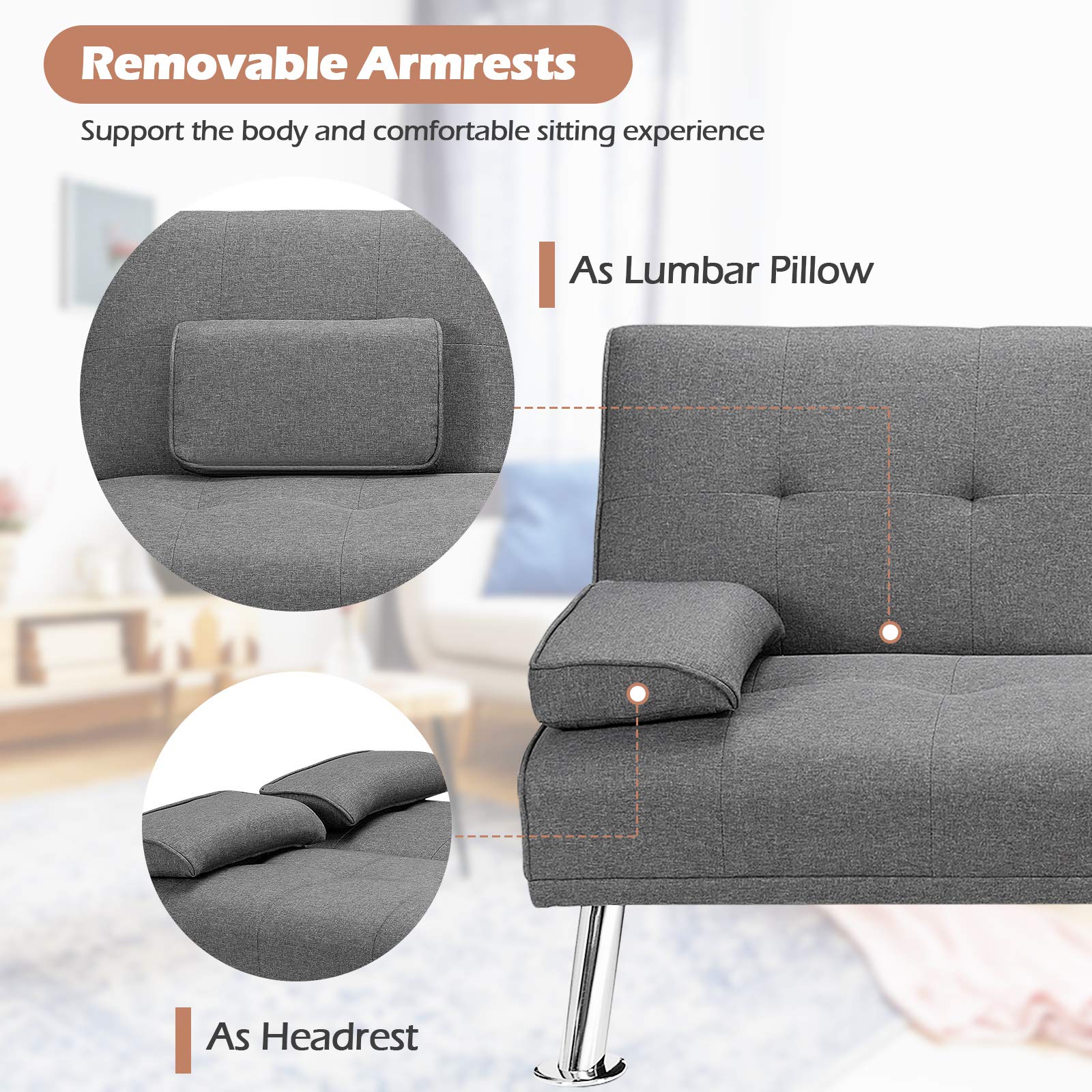 Giantex Modern Convertible Futon Sofa Bed - Linen Upholstered Sleeper Sofa with Adjustable Backrest, Removable Armrests & 2 Cup Holders - Space Saving Folding Sofa Bed for Small Apartments, Guest Rooms & Home Offices (Light Gray)