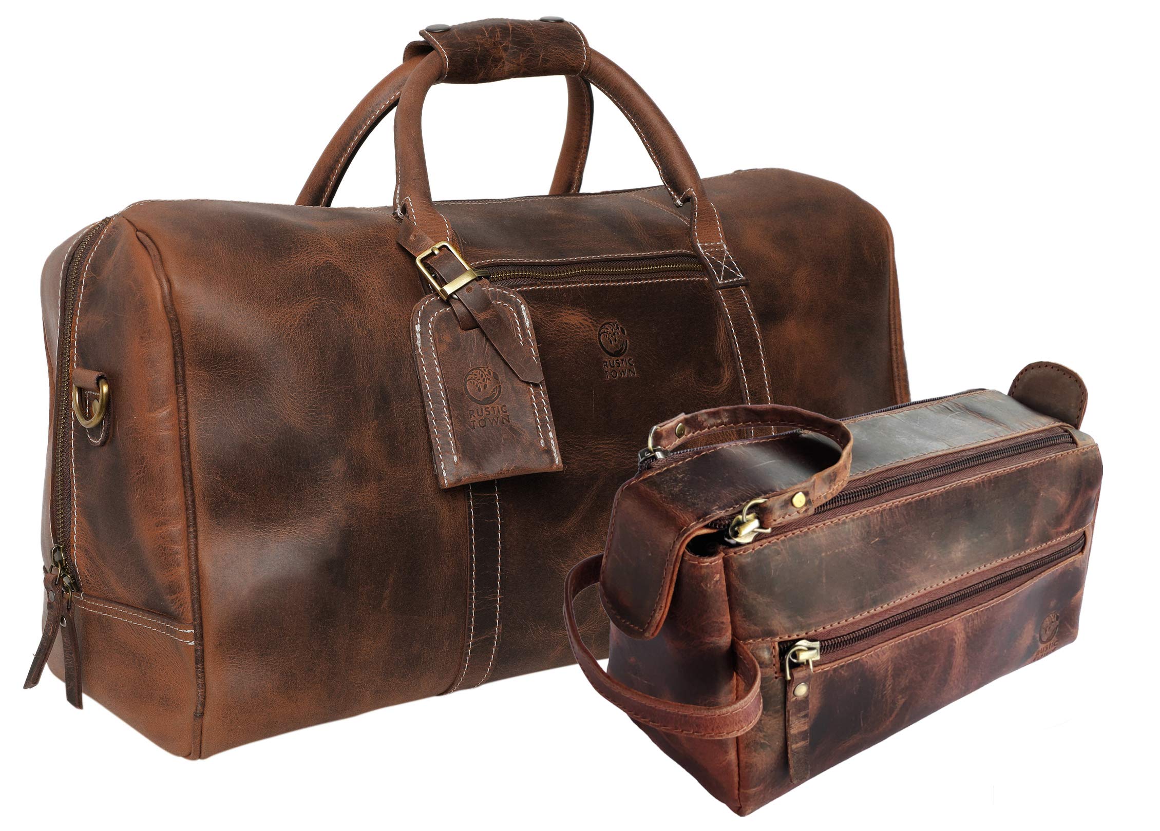 Premium Leather Duffel Bag & Toiletry Bag Set - Durable Men's Travel Accessories for Gym, Business Trips & Weekend Getaways (Best Gift for Him)