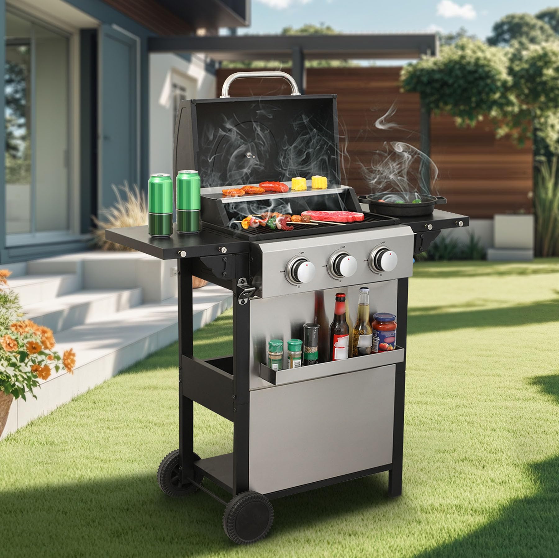 3 Burner Gas Grill with Lid & Griddle Combo - 25,650 BTU Stainless Steel Outdoor BBQ Grill with Wheels, Side Burner & Foldable Table | Perfect for Backyard Cookouts, Camping & Tailgating Parties