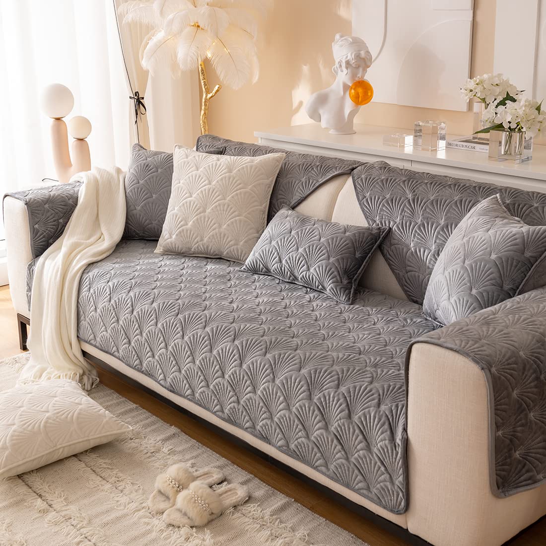 Super Soft Velvet Quilted Sofa Cover - Non-Slip Sectional Couch Protector with Leaf Pattern, Plush Furniture Slipcover for Pets & Kids (Grey B, 36